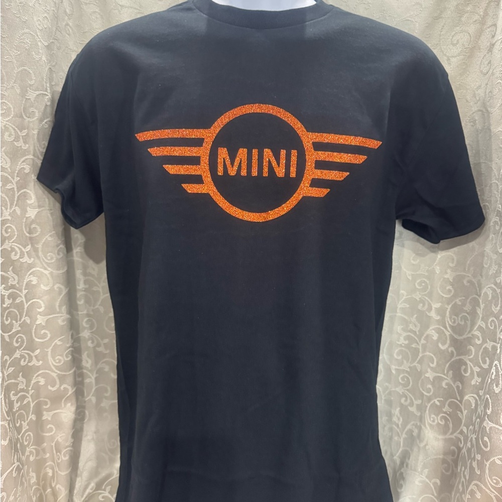 Gildan Black T-Shirt with Orange MINI Logo. Pick your size, S,M,L,XL
